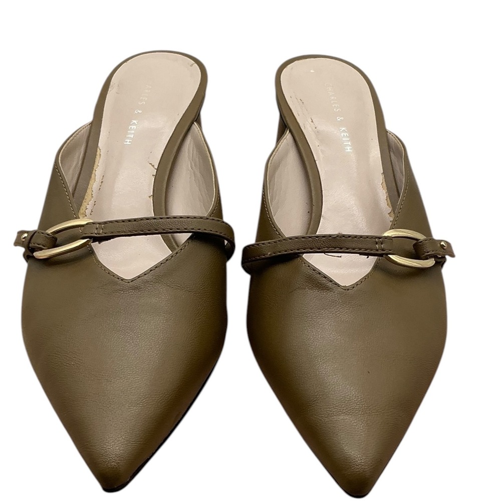 Charles & Keith Olive Green Pointed Toe Mules Block Heel Gold Buckle Size 37